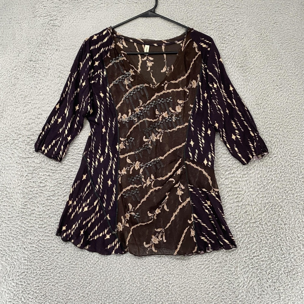 Tiny Y2K‎ Fairy Top Womens Large Brown Embroidered Floral Boho 3/4 Sleeve Sheer